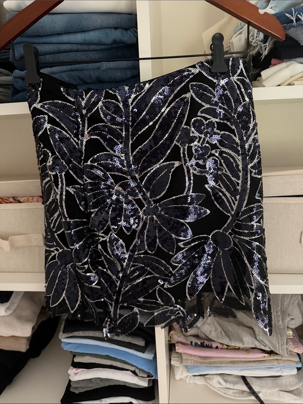 Milly Black Mini Skirt with Navy and Silver Sequin Floral